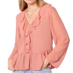 Evereve Women's Ruffle Blouse Top Tie Neck Long Sleeve Salmon Pink XL New